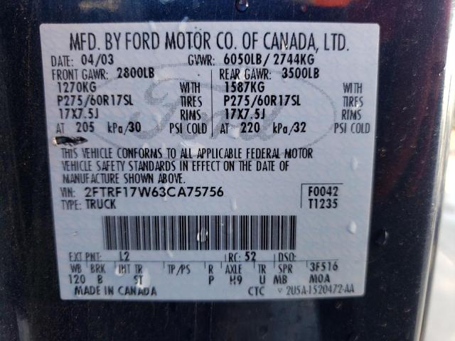 2FTRF17W63CA75756 - 2003 FORD F150 BLUE photo 10