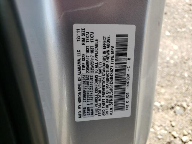 5FNRL5H61CB043627 - 2012 HONDA ODYSSEY EX SILVER photo 10