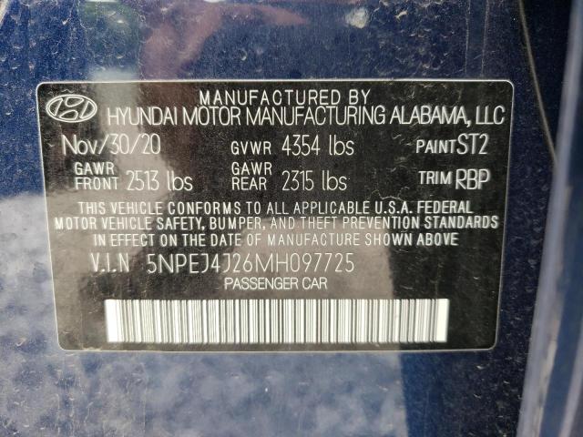 5NPEJ4J26MH097725 - 2021 HYUNDAI SONATA SEL BLUE photo 10