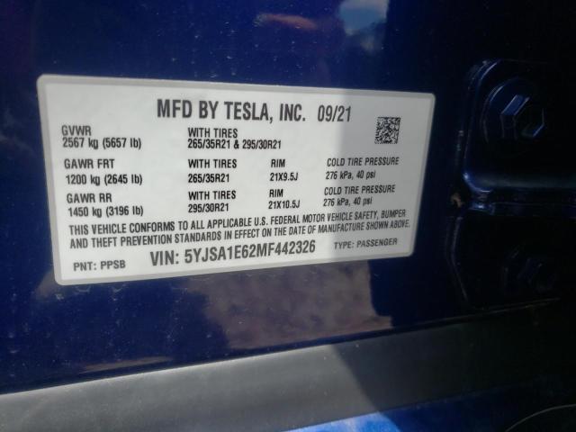 5YJSA1E62MF442326 - 2021 TESLA MODEL S Կապույտ լուսանկար 10