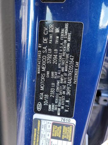 3KPF24AD7KE051647 - 2019 KIA FORTE FE BLUE photo 10