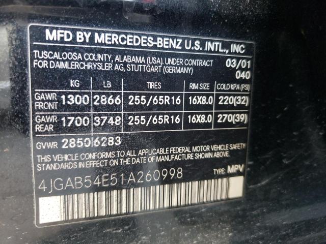 4JGAB54E51A260998 - 2001 MERCEDES-BENZ ML 320 BLACK photo 10