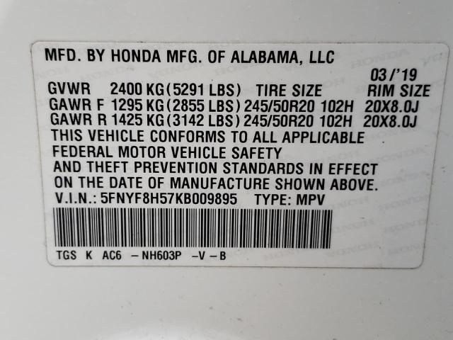 5FNYF8H57KB009895 - 2019 HONDA PASSPORT E 白色 照片 10