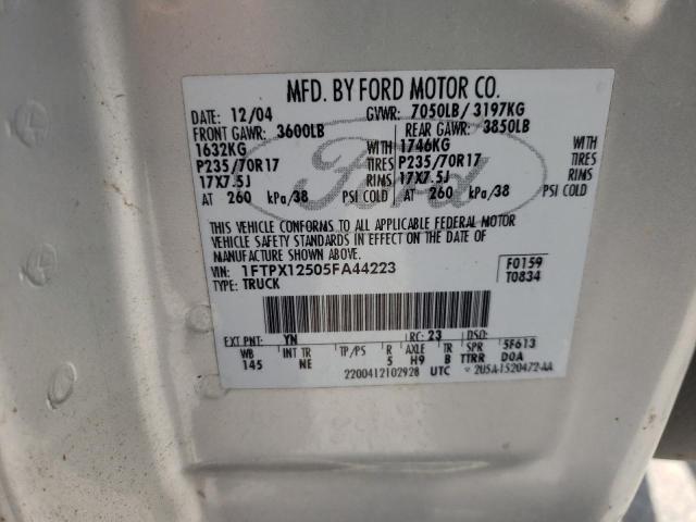 1FTPX12505FA44223 - 2005 FORD F150 GRAY photo 10