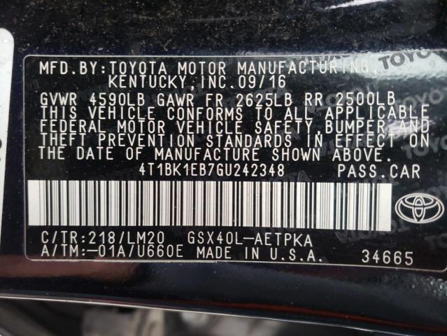 4T1BK1EB7GU242348 - 2016 TOYOTA AVALON XLE BLACK photo 10