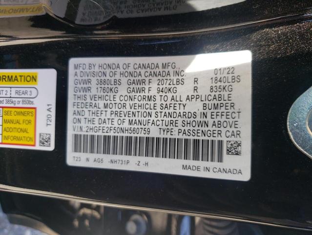 2HGFE2F50NH560759 - 2022 HONDA CIVIC SPOR BLACK photo 10