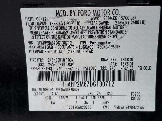 1FAHP2M87DG130712 - 2013 FORD TAURUS POL BLACK photo 10