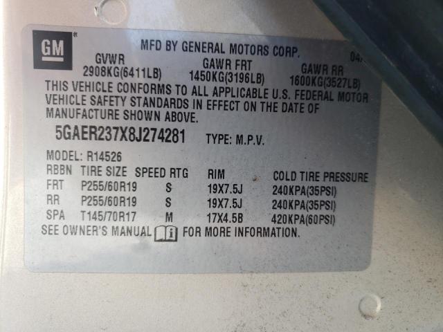 5GAER237X8J274281 - 2008 BUICK ENCLAVE CX TAN photo 10