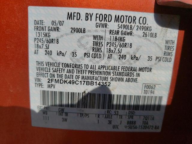 2FMDK49C17BB14352 - 2007 FORD EDGE SEL PLUS  photo 10