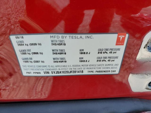 5YJSA1E20JF281418 - 2018 TESLA MODEL S Qırmızı foto 10
