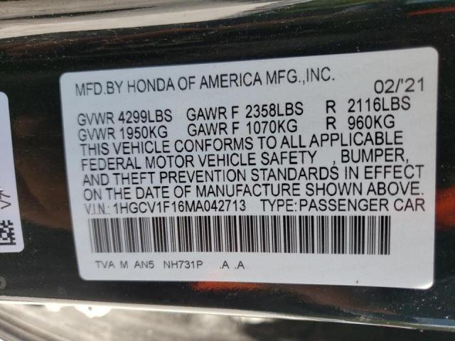 1HGCV1F16MA042713 - 2021 HONDA ACCORD LX BLACK photo 10