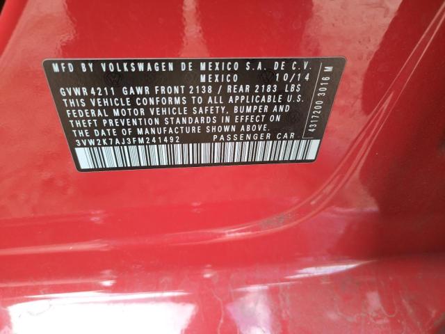 3VW2K7AJ3FM241492 - 2015 VOLKSWAGEN JETTA BASE წითელი ფოტო 10