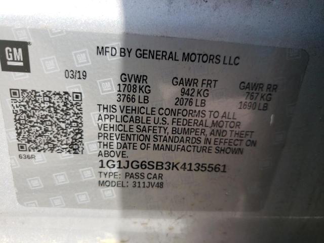 1G1JG6SB3K4135561 - 2019 CHEVROLET SONIC SILVER photo 10