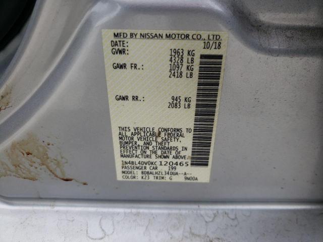 1N4BL4DV0KC120465 - 2019 NISSAN ALTIMA SV SILVER photo 10