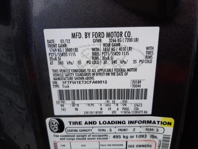 1FTFW1ET3CFA69512 - 2012 FORD F150 SUPER GRAY photo 10