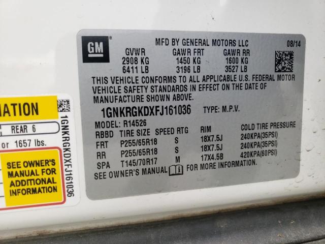 1GNKRGKDXFJ161036 - 2015 CHEVROLET TRAVERSE WHITE photo 10