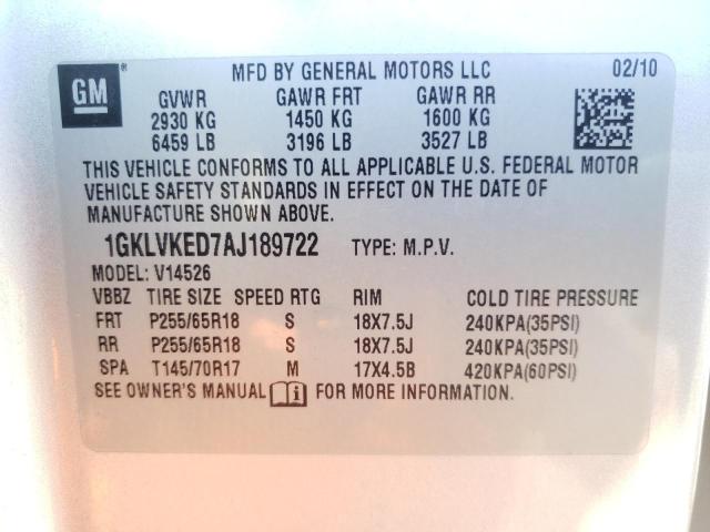 1GKLVKED7AJ189722 - 2010 GMC ACADIA SL SILVER photo 10