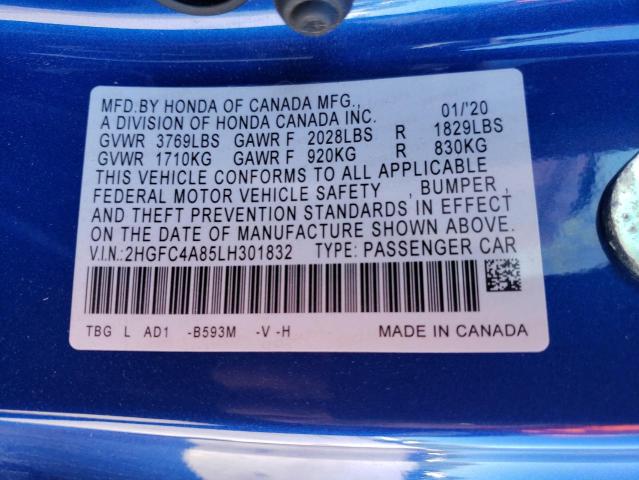 2HGFC4A85LH301832 - 2020 HONDA CIVIC SPOR BLUE photo 10