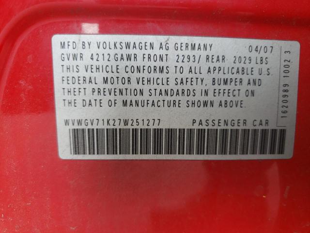 WVWGV71K27W251277 - 2007 VOLKSWAGEN NEW GTI RED photo 10