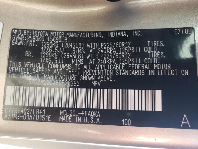 5TDZA22C76S526395 - 2006 TOYOTA SIENNA XLE SILVER photo 10