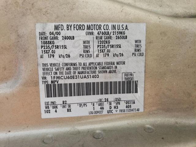 1FMCU60E31UA51403 - 2001 FORD EXPLORER S GOLD photo 10