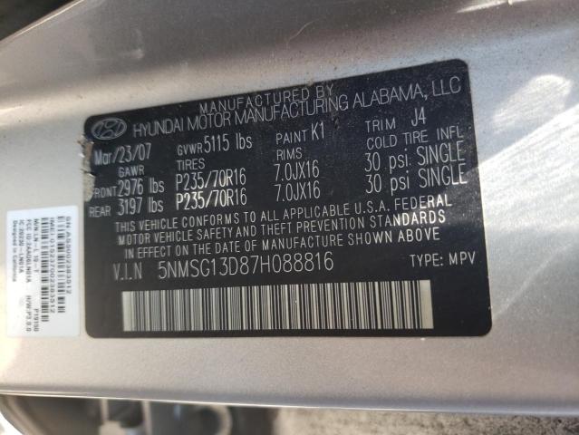 5NMSG13D87H088816 - 2007 HYUNDAI SANTA FE SILVER photo 10