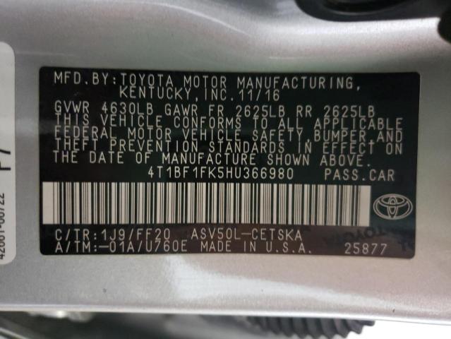 4T1BF1FK5HU366980 - 2017 TOYOTA CAMRY LE SILVER photo 10