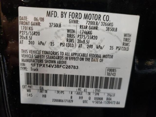 1FTPX14V38FC28783 - 2008 FORD F150 BLACK photo 10