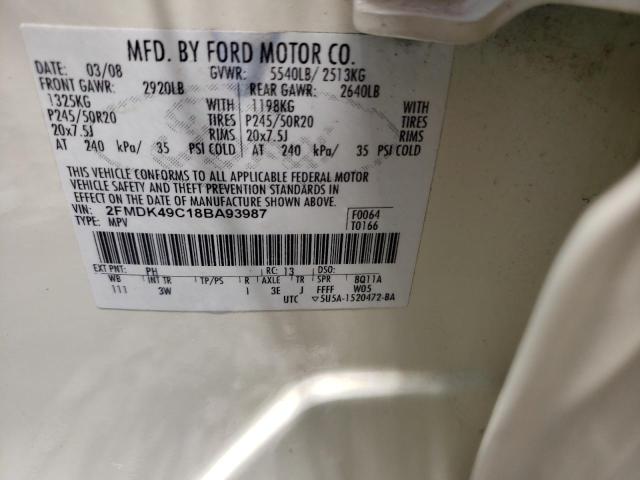 2FMDK49C18BA93987 - 2008 FORD EDGE WHITE photo 10