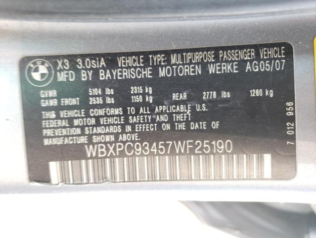 WBXPC93457WF25190 - 2007 BMW X3 3.0SI GRAY photo 10