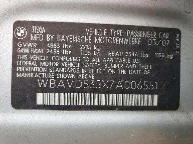 WBAVD535X7A006551 - 2007 BMW 335 XI SILVER photo 10