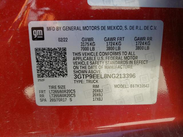 3GTP9EEL8NG213396 - 2022 GMC SIERRA LIM RED photo 10