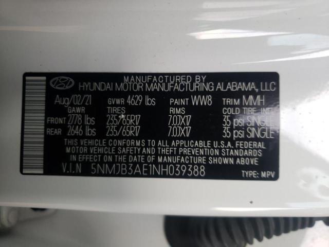 5NMJB3AE1NH039388 - 2022 HYUNDAI TUCSON SEL WHITE photo 10