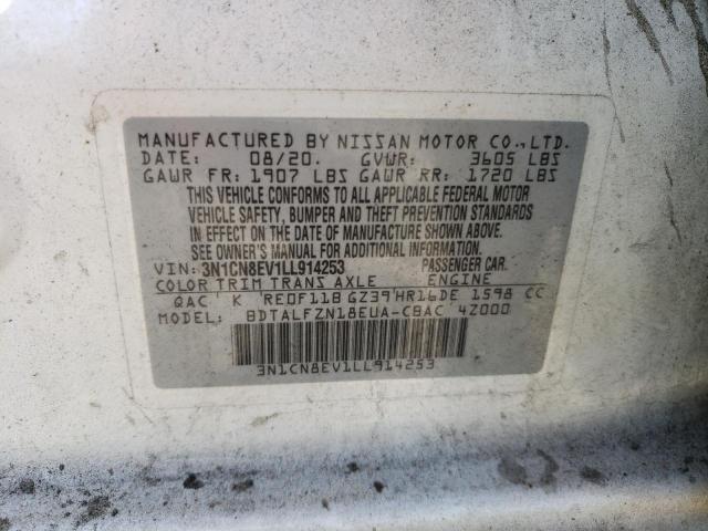 3N1CN8EV1LL914253 - 2020 NISSAN VERSA SV WHITE photo 10