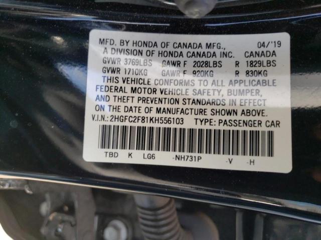 2HGFC2F81KH556103 - 2019 HONDA CIVIC SPOR BLACK photo 10