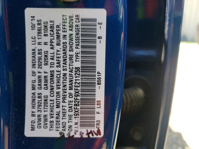 19XFB2F9XFE211258 - 2015 HONDA CIVIC EXL Mavi foto 10