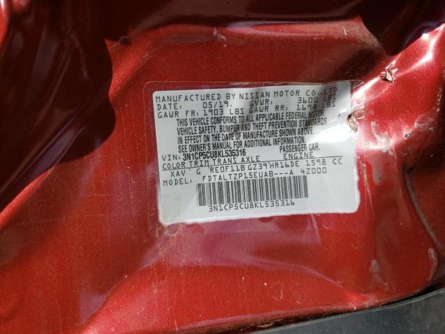 3N1CP5CU8KL535316 - 2019 NISSAN KICKS S RED photo 10