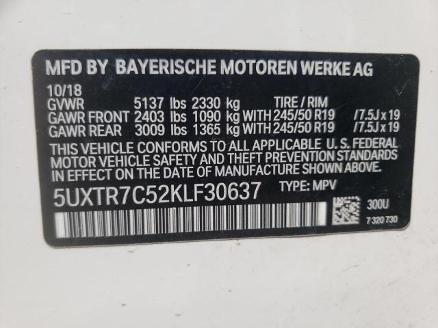 5UXTR7C52KLF30637 - 2019 BMW X3 SDRIVE3 WHITE photo 10