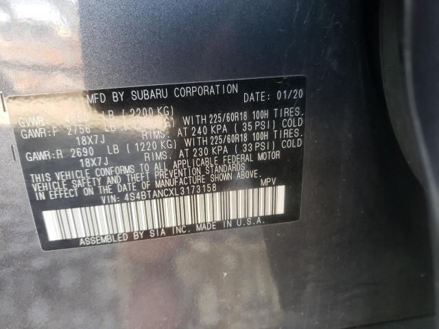 4S4BTANCXL3173158 - 2020 SUBARU OUTBACK LI GRAY photo 10