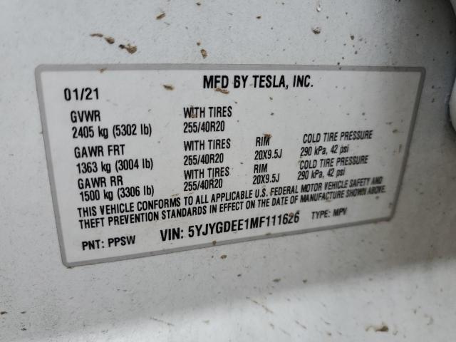 5YJYGDEE1MF111626 - 2021 TESLA MODEL Y أبيض صورة 10