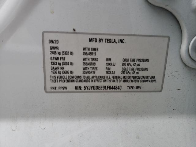 5YJYGDEE9LF044840 - 2020 TESLA MODEL Y Белый фото 10