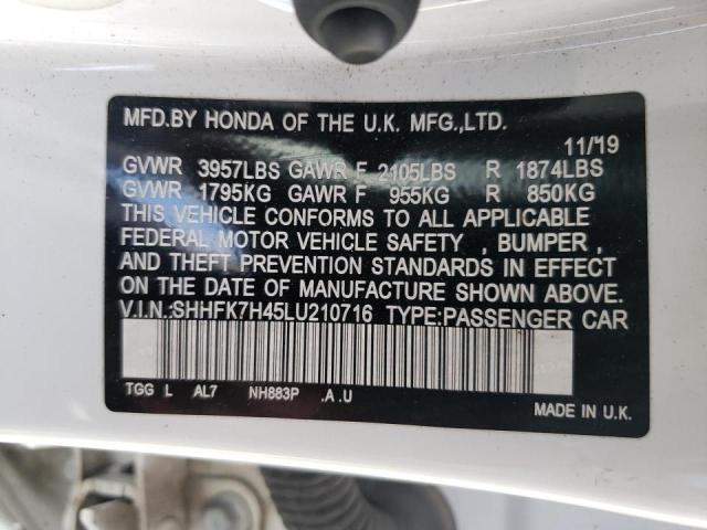 SHHFK7H45LU210716 - 2020 HONDA CIVIC SPOR WHITE photo 10