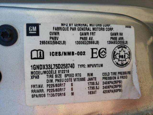 1GNDX33L75D258740 - 2005 CHEVROLET UPLANDER L 银色 照片 10