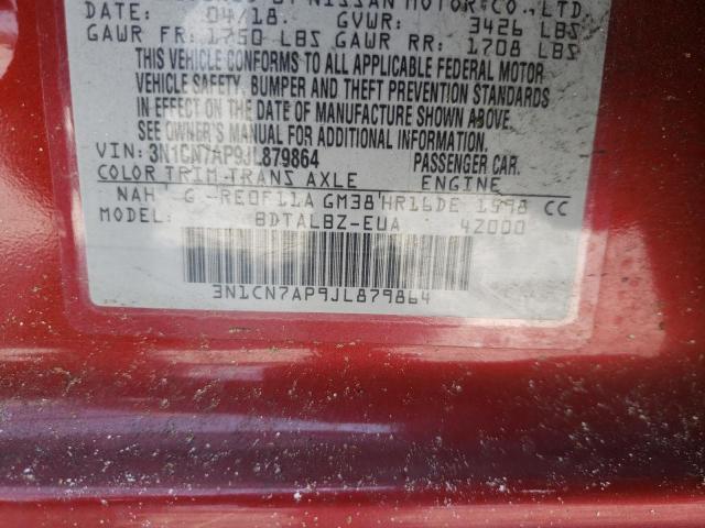 3N1CN7AP9JL879864 - 2018 NISSAN VERSA S RED photo 10