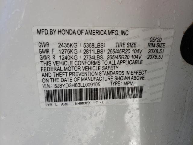 5J8YD3H83LL009105 - 2020 ACURA MDX ADVANC 白色 照片 10