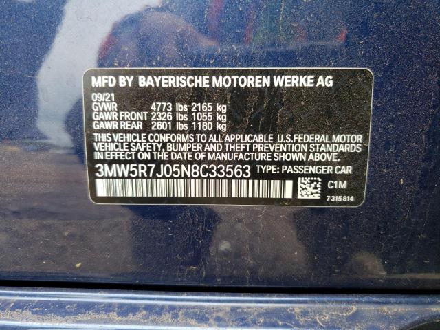 3MW5R7J05N8C33563 - 2022 BMW 330XI BLUE photo 10