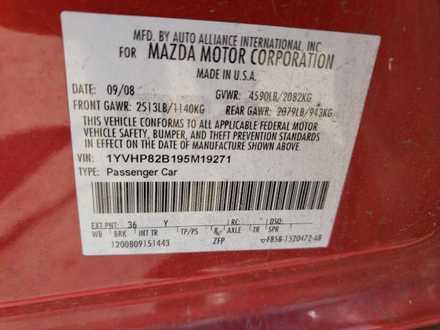 1YVHP82B195M19271 - 2009 MAZDA 6 RED photo 10