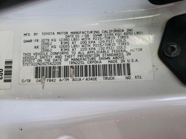 5TETX22N28Z542208 - 2008 TOYOTA TACOMA ACC WHITE photo 10