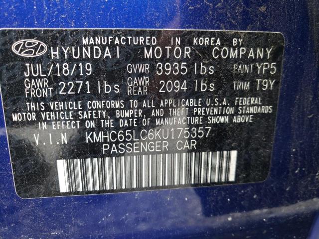 KMHC65LC6KU175357 - 2019 HYUNDAI IONIQ BLUE BLUE photo 10