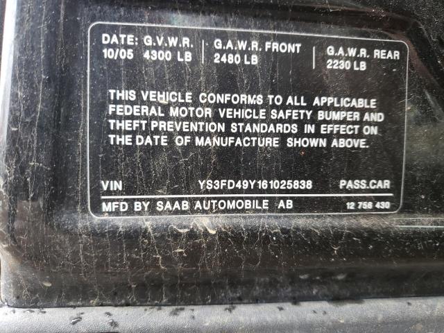 YS3FD49Y161025838 - 2006 SAAB 9-3 BLACK photo 10